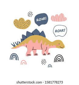 Hand drawn dinosaur illustration in scandinavian style. Funny cartoon dino. Hand drawn vector doodle design for girls, kids. Hand drawn children's illustration for fashion clothes, shirt, fabric