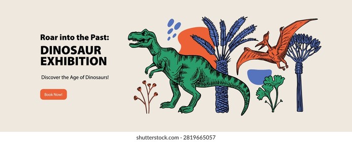 Hand drawn dinosaur illustration. Vector sketch isolated prehistoric animals. Historical museum exhibition design poster