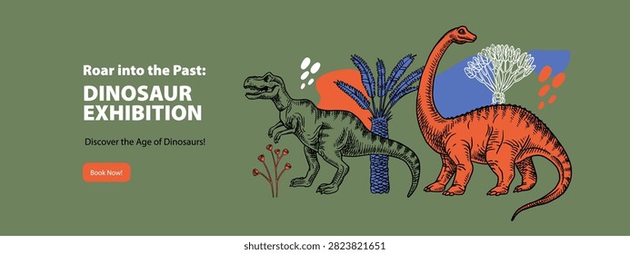 Hand drawn dinosaur illustration. Vector sketch isolated prehistoric animals. Historical museum exhibition design poster