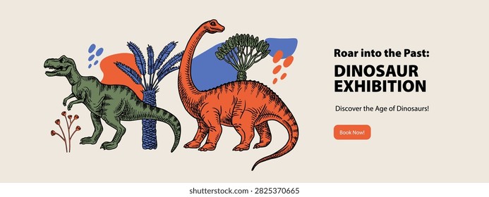 Hand drawn dinosaur illustration. Vector sketch isolated prehistoric animals. Historical museum exhibition design poster