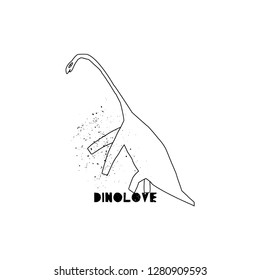 Hand drawn dinosaur with lettering. Jurassic reptile concept. Sketch Brontosaurus doodle character. Isolated cute dino for textile, t-shirts, kids game. Vector illustration