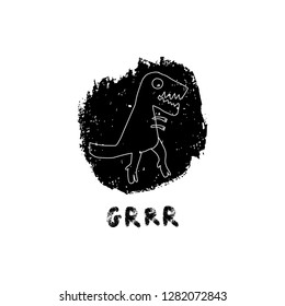 Hand drawn dinosaur with lettering. Jurassic reptile concept. Sketch Tyrannosaurus Rex doodle character. Isolated cute dino for textile, t-shirts, kids game. Vector illustration