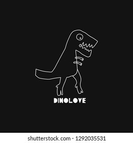 Hand drawn dinosaur with lettering. Jurassic reptile concept. Sketch Tyrannosaurus Rex doodle character. Isolated cute dino for textile, t-shirts, kids game. Vector illustration