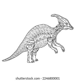 Hand drawn dinosaur parasaurolophus walkeri. Coloring book page antistress for adults and children. Prehistoric doodle cartoon animal. Vector outline sketch illustration isolated on white background
