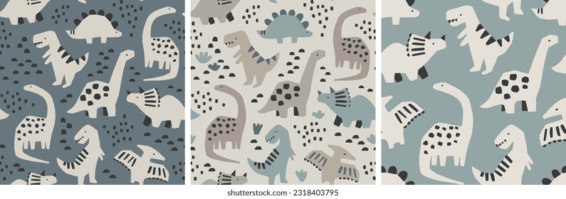 Hand drawn dinosaur pattern collection. Cute dinosaur design set. Perfect for kids fabric, textile, nursery wallpaper. Vector illustration.