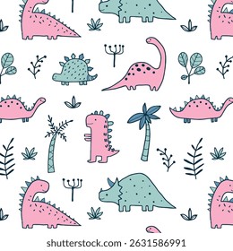 Hand drawn dinosaur pattern collection. Cute dinosaur design set. Perfect for kids fabric, textile, nursery wallpaper. Vector illustration.