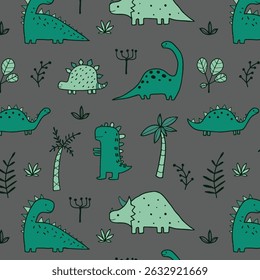 Hand drawn dinosaur pattern collection. Cute dinosaur design set. Perfect for kids fabric, textile, nursery wallpaper. Vector illustration.