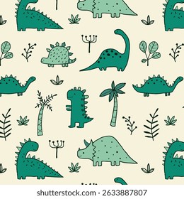 Hand drawn dinosaur pattern collection. Cute dinosaur design set. Perfect for kids fabric, textile, nursery wallpaper. Vector illustration.