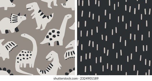 Hand drawn dinosaur pattern set. Cute dinosaurs and geometric abstract pattern. Perfect for kids fabric, textile, nursery wallpaper. Vector illustration.