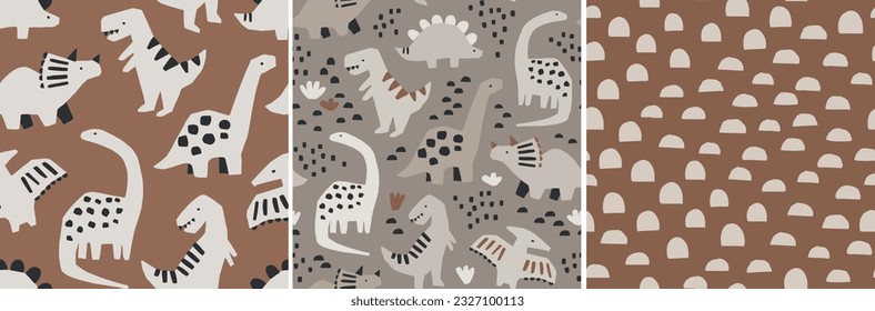 Hand drawn dinosaur pattern set. Cute dinosaurs and geometric abstract pattern. Perfect for kids fabric, textile, nursery wallpaper. Vector illustration.