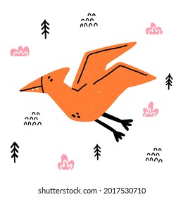 Dinosaurio dibujado a mano. Pterodáctilo al estilo escandinavo de las caricaturas. Bebé lindo. Dino volador con plantas y garabatos. Ilustración infantil de estilo vectorial plano. 
