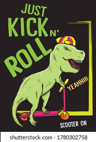 Hand drawn dinosaur with scooter for t shirt