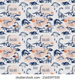 Hand drawn dinosaur seamless pattern with typography background elements and can be used for t-shirt