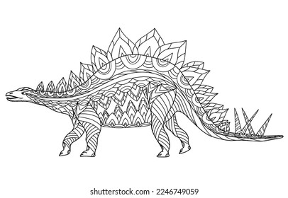 Hand drawn dinosaur stegosaurus armatus. Coloring book page antistress for adults and children. Prehistoric doodle cartoon animal. Vector outline sketch illustration isolated on white background