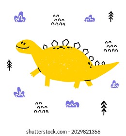 Hand drawn dinosaur. Stegosaurus in cartoon scandinavian style. Cute baby animal. Dino with plants and doodles. Vector flat style children illustration. 
