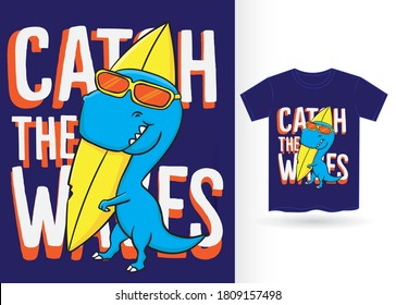 Dinosaurio dibujado a mano con ilustración de tablas de surf para camiseta
