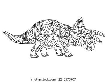 Hand drawn dinosaur triceratops horridus. Coloring book page antistress for adults and children. Prehistoric doodle cartoon animal. Vector outline sketch illustration isolated on white background