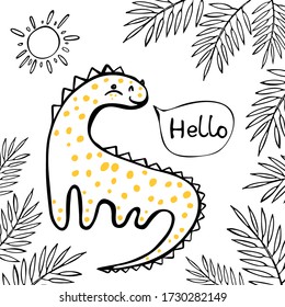Hand drawn dinosaur and tropical leaves on white background. Vector illustration. Perfect for greeting card, postcard, print, banner.