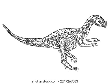 Hand drawn dinosaur velociraptor mongoliensis. Coloring book page antistress for adults and children. Prehistoric doodle cartoon animal. Vector outline sketch illustration isolated on white background