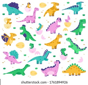 Hand drawn dinosaurs. Cute dino baby in eggs, jurassic era dinosaur characters, diplodocus and tyrannosaurus vector isolated illustration set. Diplodocus and dinosaur reptile colored for kids