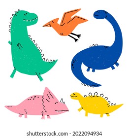 Hand drawn dinosaurs. Dino vector set in cartoon scandinavian style. T Rex, Diplodocus, Pterodactyl, Stegosaurus, Triceratops. Cute baby animals. Vector flat style illustration.