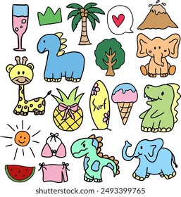 Hand drawn dinosaurs, elephants, giraffe, coconut tree, watermelon, sun, ice cream, surf, bikini, pineapple, champagne drink for summer, zoo, amusement park, cartoon character, brooch, cute patches