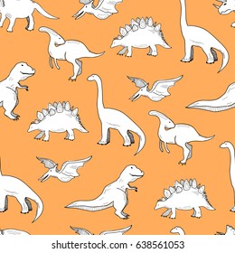 Hand drawn dinosaurs. Graphic vector seamless pattern. Orange background