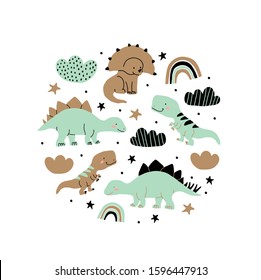 Hand drawn dinosaurs illustration in scandinavian style with stars, rainbows, clouds. Funny cartoon dinos. Hand drawn children's illustration for fashion clothes, shirt, fabric for kids, boys