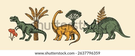 Hand drawn dinosaurs illustration set. Vector sketch prehistoric animals and flora. Museum exhibition design