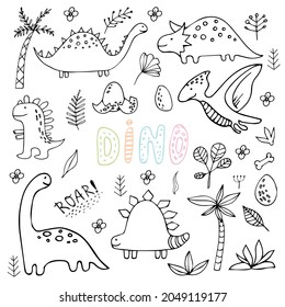 Hand drawn dinosaurs isolated on white background. Cute dino, flowers, palms. Kids doodle vector illustration.