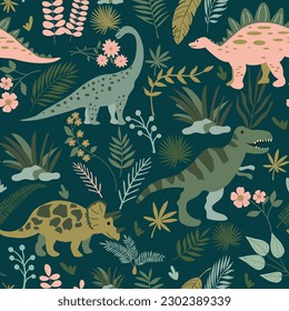 Hand drawn Dinosaurs, leaves and flower seamless pattern