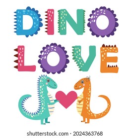 Hand drawn dinosaurs in love and hand lettering. template for card, postcard, banner, poster, sticker and social media
