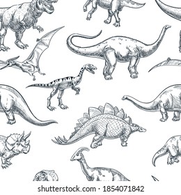 Hand drawn dinosaurs on white background, vector seamless pattern. Trendy sketch illustration for textile kids print, fabric design or wrapping paper