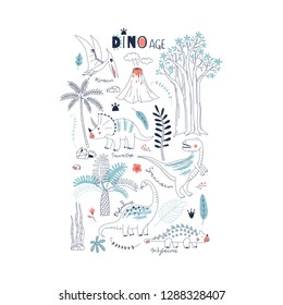 hand drawn Dinosaurs and prehistoric nature elements summer vector illustration. Perfect for kids t-shirt print, children fashion wear, wall art posters