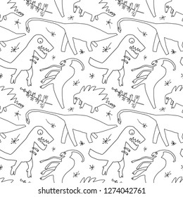 Hand drawn dinosaurs and relict plants. Funny doodle cartoon dino seamless pattern for wrapping paper, background fill, kids textile. Sketch Jurassic reptiles. Vector illustration