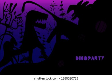 Hand drawn dinosaurs and relict plants with lettering. Jurassic reptiles flat character. Fantasy dino party invitation, flyer, banner concept. Vector illustration - Shutterstock ID 1280320723