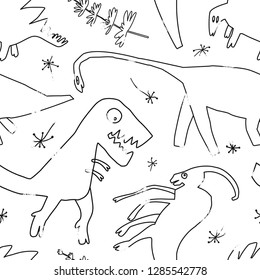 Hand drawn dinosaurs and relict plants. Funny doodle cartoon dino seamless pattern for wrapping paper, background fill, kids textile. Sketch Jurassic reptiles. Vector illustration