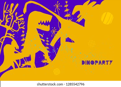 Hand drawn dinosaurs and relict plants with lettering. Jurassic reptiles flat character. Fantasy dino party invitation, flyer, banner concept. Vector illustration