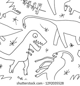 Hand drawn dinosaurs and relict plants. Funny doodle cartoon dino seamless pattern for wrapping paper, background fill, kids textile. Sketch Jurassic reptiles. Vector illustration