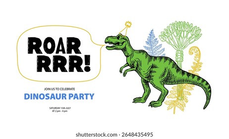 Hand drawn dinosaurs retro poster. Kids birthday party invitation design. Vintage sketch vector illustration