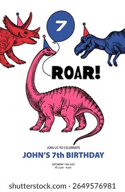 Hand drawn dinosaurs retro poster. Kids birthday party invitation design. Vintage sketch vector illustration