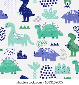 Hand Drawn Dinosaurs Seamless Pattern. Creative Childish Background with Cute Dino for Fabric, Textile, Wallpaper, Decoration, Prints. Vector illustration