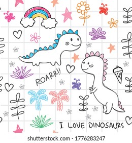 Hand drawn dinosaurs seamless pattern