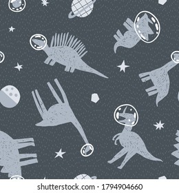 Hand drawn dinosaurs in space. Seamless pattern with dinosaurs, planets and stars on a dark background. Vector texture in childish style great for fabric and textile, wallpapers, backgrounds.