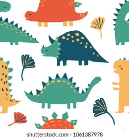 Hand drawn dinosaurs and tropical leaves. Cute funny cartoon dino seamless pattern. Hand drawn vector texture for kids design. Vector illustration