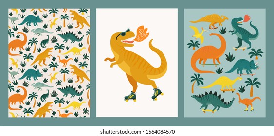 Hand drawn dinosaurs, tropical leaves and flowers. Seamless pattern. Cute dino design elements. Prints vintage design for t-shirts. Vector illustration.