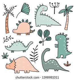 Hand drawn dinosaurs and tropical plants, palm tree, leaves. Cute funny cartoon dino collection. Hand drawn vector set for kids design. Vector colorful illustration with animals. Jurassic Period