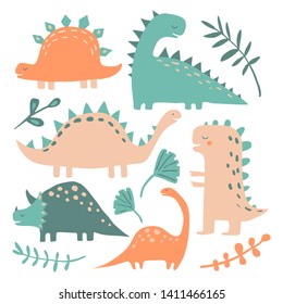 Hand drawn dinosaurs and tropical plants, palm tree, leaves. Flat style cute funny cartoon dino collection. Hand drawn vector set for kids. Vector colorful illustration with animals. Jurassic Period