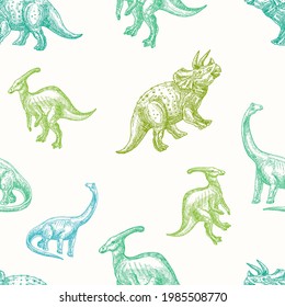 Hand Drawn Dinosaurs Vector Seamless Background Pattern. Parasaurolophus, Triceratops and Brontosaurus Colorful Sketches Card, Wrapping or Cover Template.