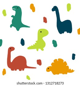 Hand drawn dinosuars on colorful abstract background, cute cartoon drawing for kids, children, boys and girls. Funny design for fabric, textile and others decoration.